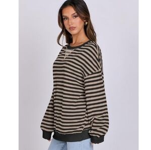Striped Oversized Crewneck Long Sleeve Y2K Pullover Sweatshirt Brown